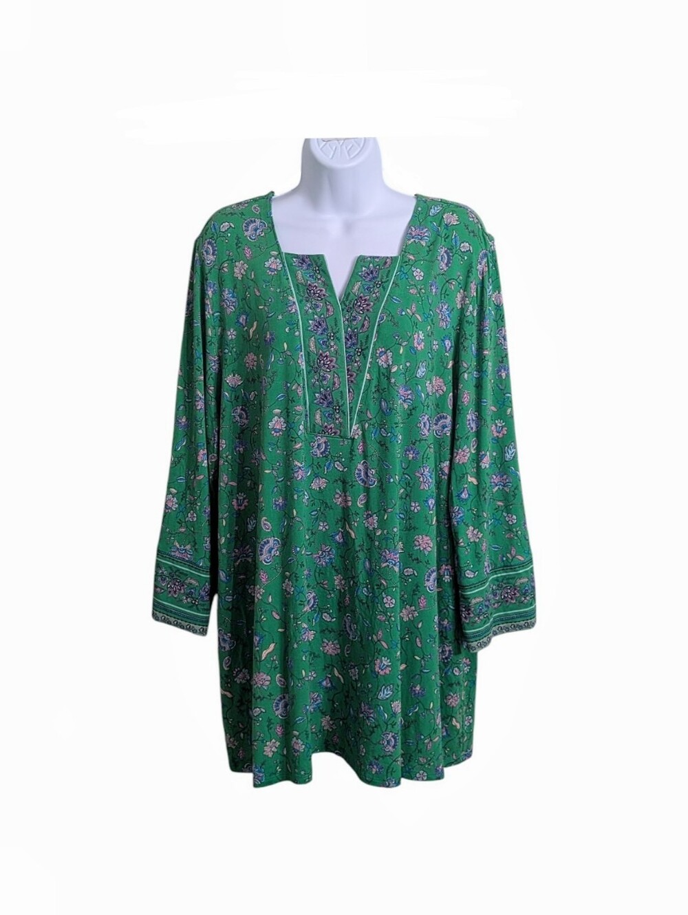 J. Jill Green Floral Paisley Tunic Top Size 2X Split V-Neck 3/4 Sleeve Spring